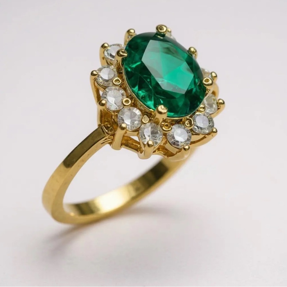 Vintage Princess Diana Inspired Emerald Ring with Diamond Halo - Picture 3 of 6